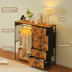 150cm Chest of Drawers, Reversible 6 Fabric Drawers Hanging Rack Dresser Closet w/LED Lights & Charging Station