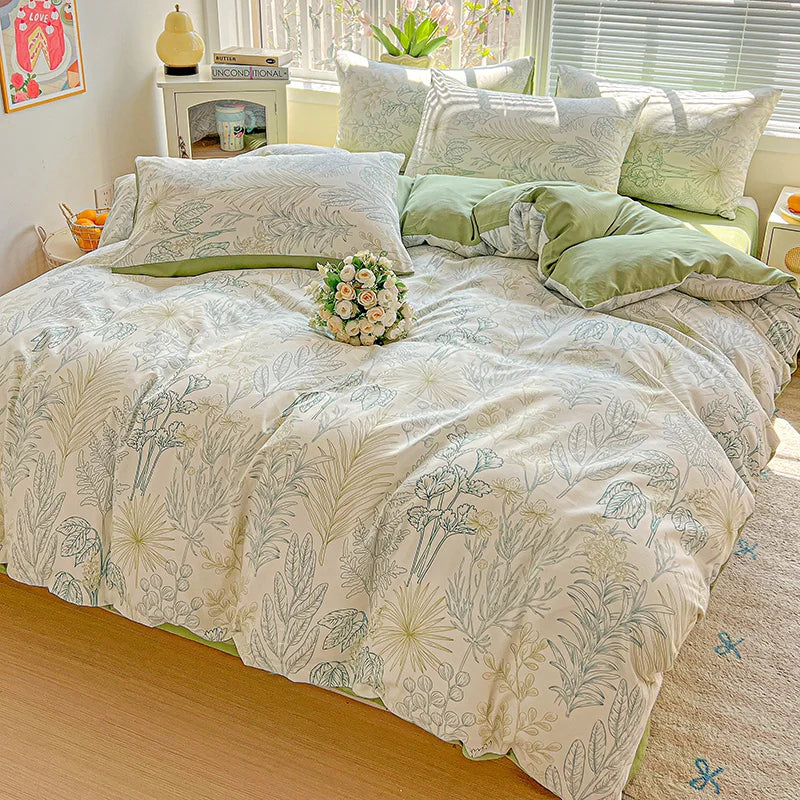 American Pastoral Floral Printed Bedding Set Soft Skin-Friendly Double King Size Duvet Cover Set with Flat Sheet and Pillowcases