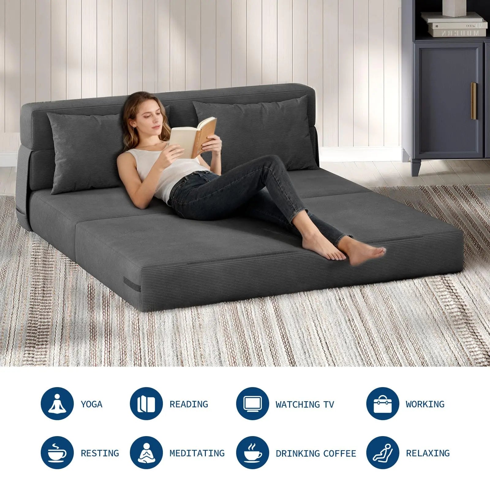 4-in-1 Folding Sofa Bed Convertible Sleeper Soft Corduroy Loveseat Couch With Pillow