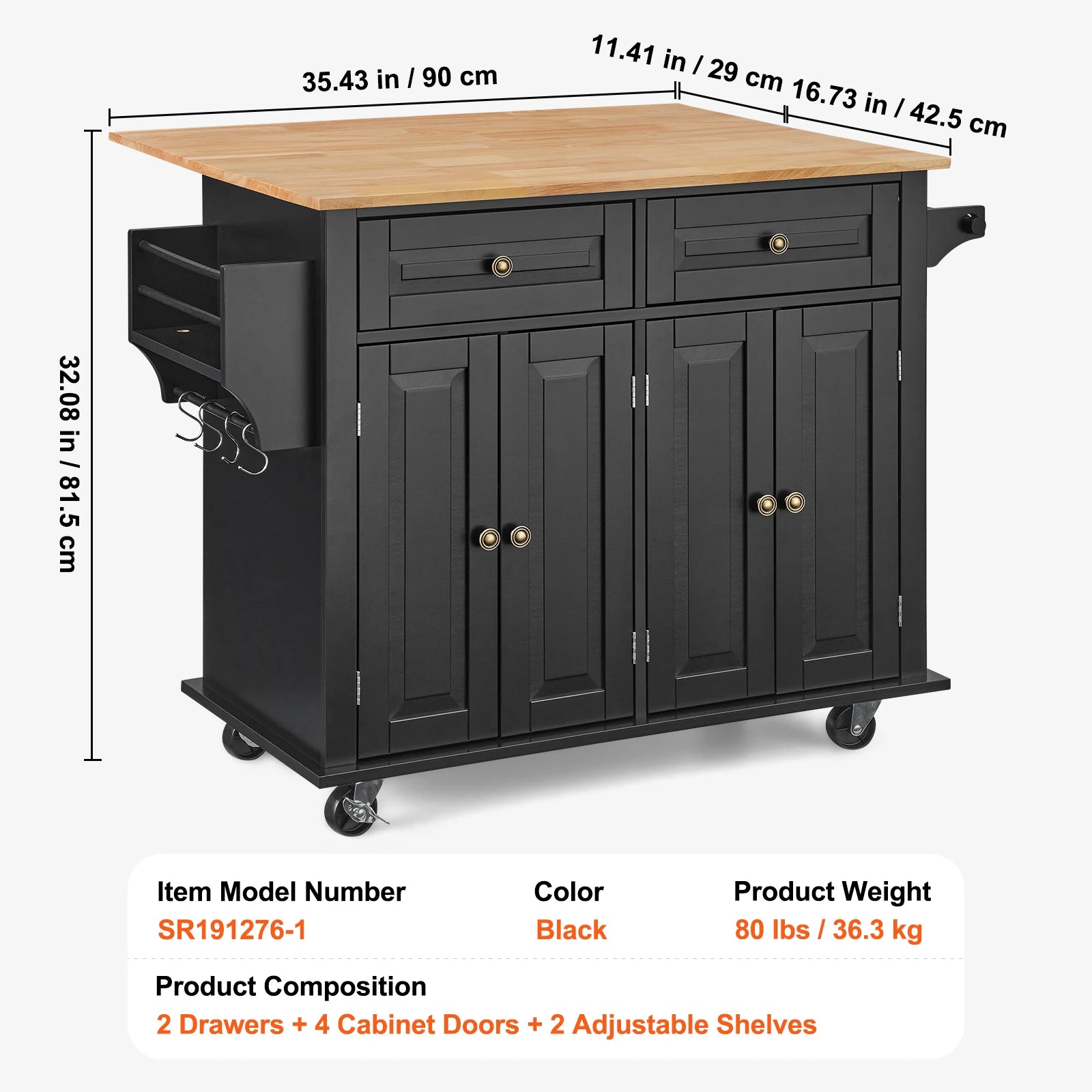 SucceBuy 43" Kitchen Island Cart Wood Top