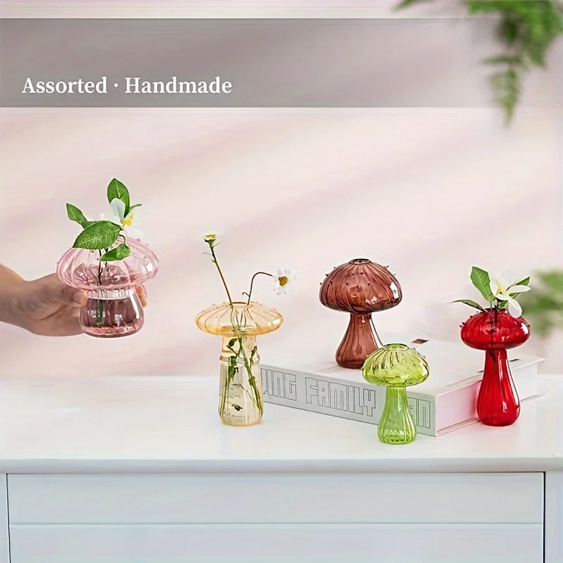 5 Colors Plant Mushroom Glass Vase, Mini Plant Glass Container, Unique Small Glass Vase