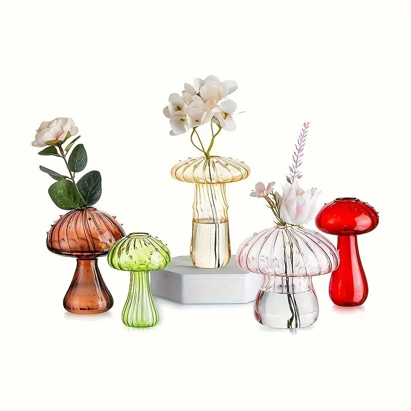 5 Colors Plant Mushroom Glass Vase, Mini Plant Glass Container, Unique Small Glass Vase