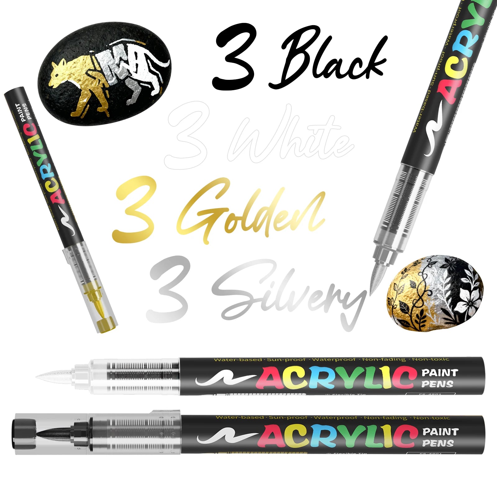 12-Pack (Gold, Silver, Black, White) Acrylic Paint Markers