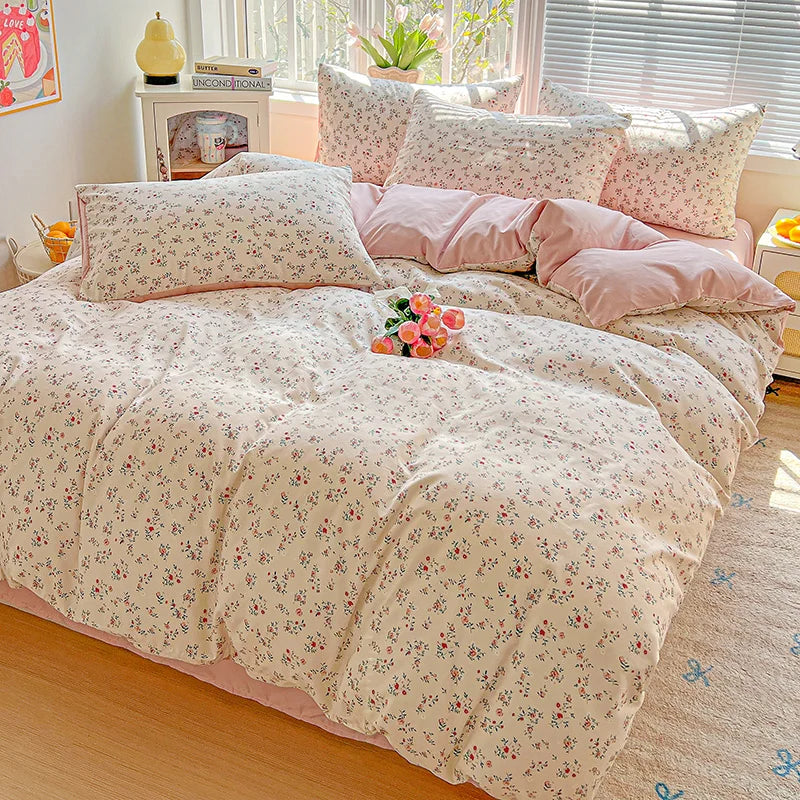 American Pastoral Floral Printed Bedding Set Soft Skin-Friendly Double King Size Duvet Cover Set with Flat Sheet and Pillowcases