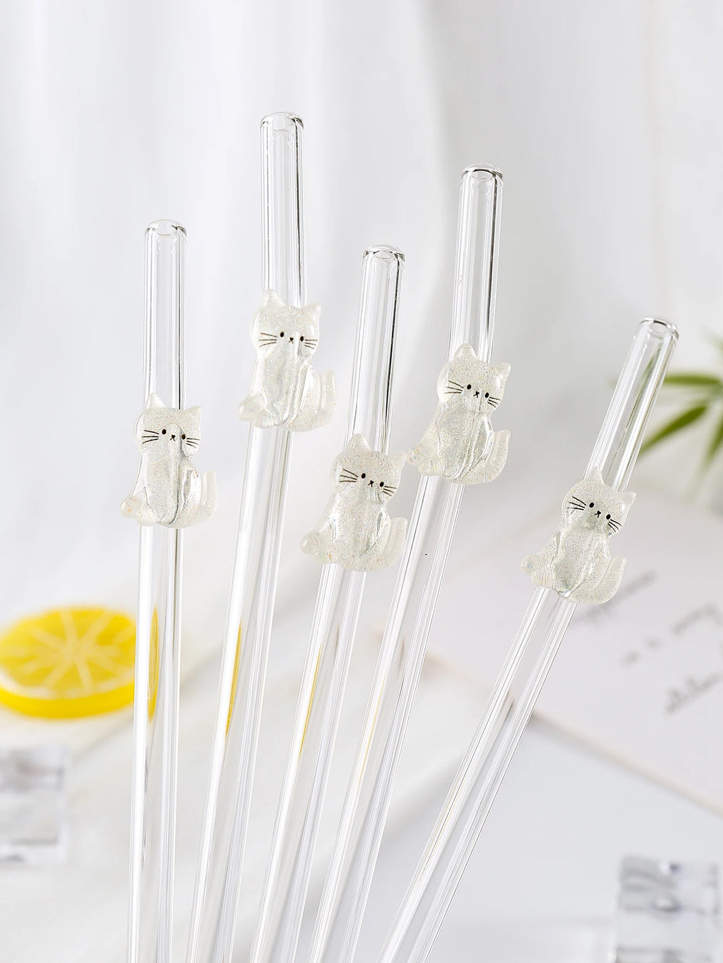 1/3/6PCS White Cat Curved Glass Straw