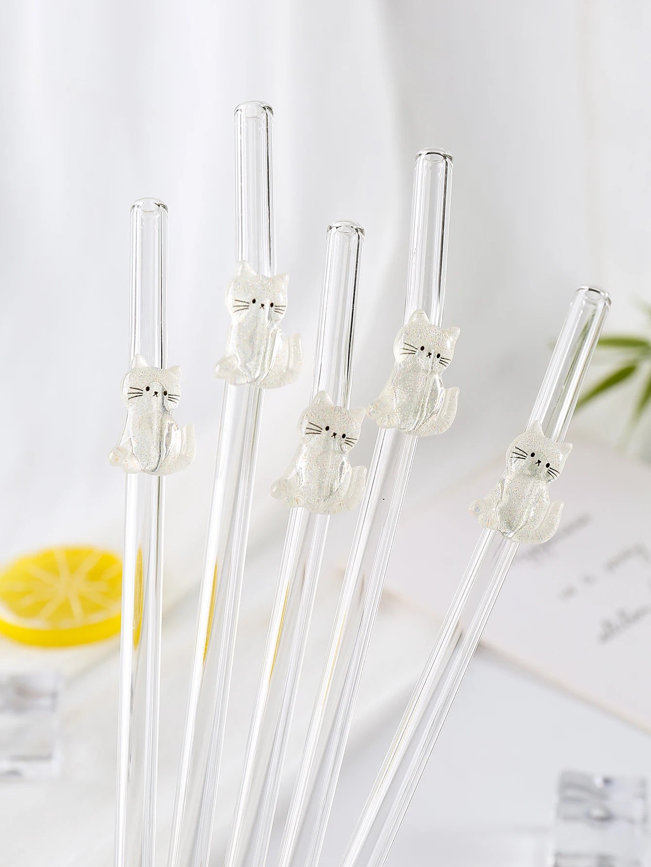 1/3/6PCS White Cat Curved Glass Straw