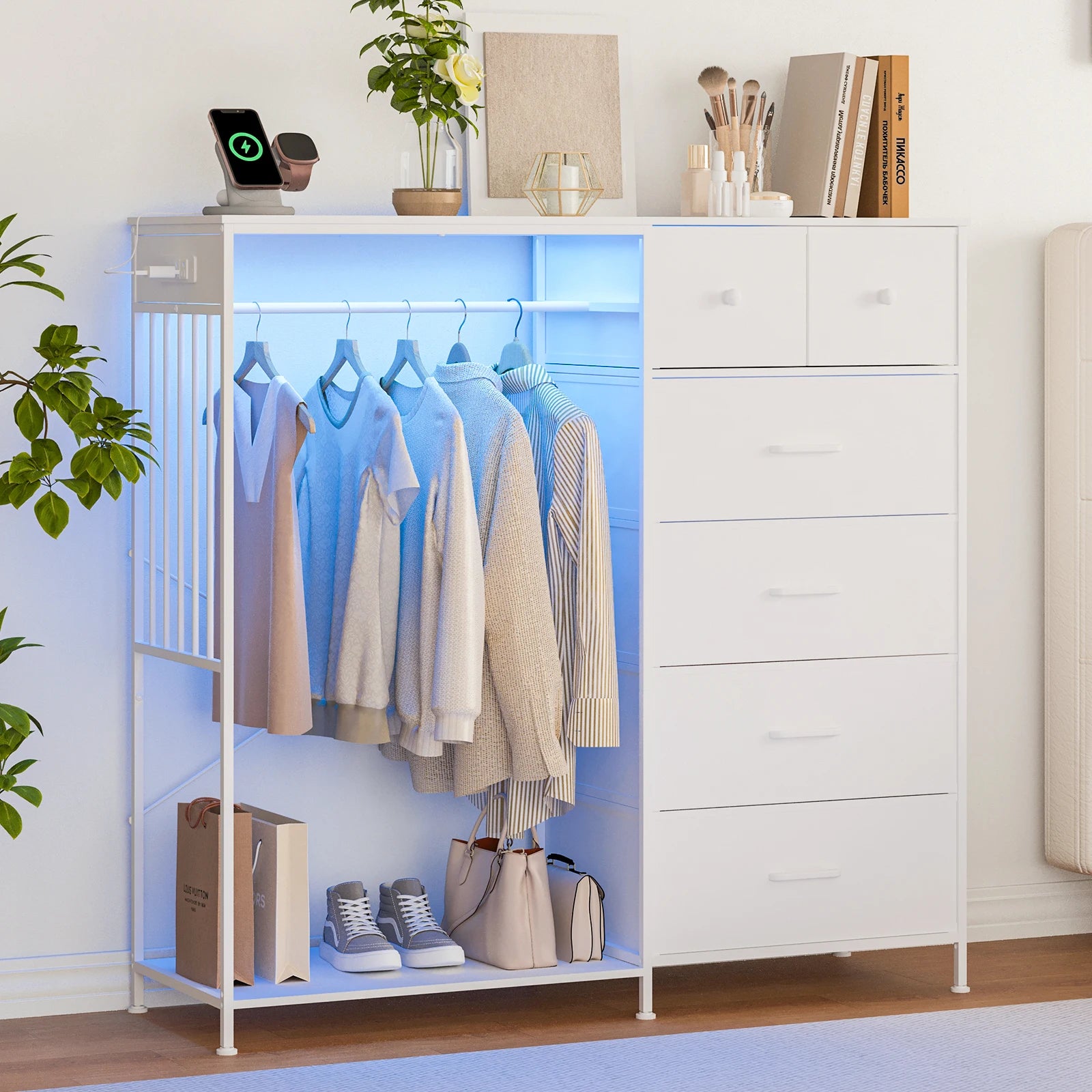 150cm Chest of Drawers, Reversible 6 Fabric Drawers Hanging Rack Dresser Closet w/LED Lights & Charging Station