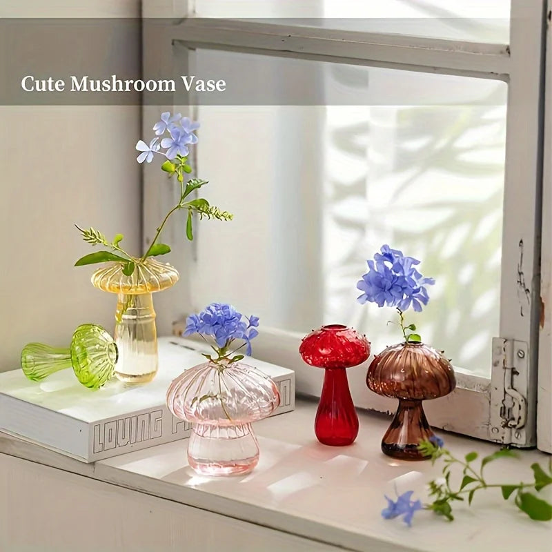 5 Colors Plant Mushroom Glass Vase, Mini Plant Glass Container, Unique Small Glass Vase