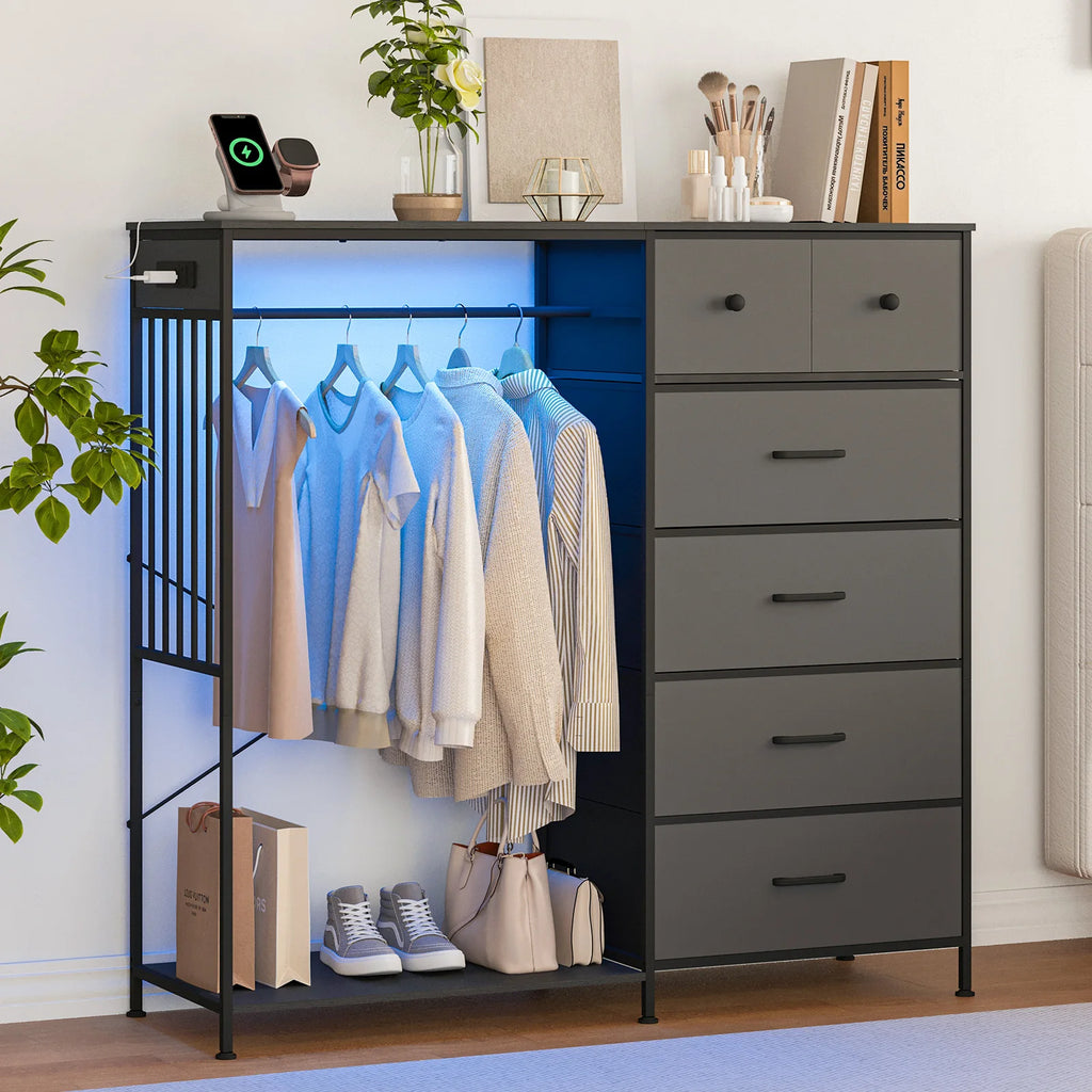 150cm Chest of Drawers, Reversible 6 Fabric Drawers Hanging Rack Dresser Closet w/LED Lights & Charging Station