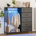 150cm Chest of Drawers, Reversible 6 Fabric Drawers Hanging Rack Dresser Closet w/LED Lights & Charging Station