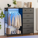 150cm Chest of Drawers, Reversible 6 Fabric Drawers Hanging Rack Dresser Closet w/LED Lights & Charging Station