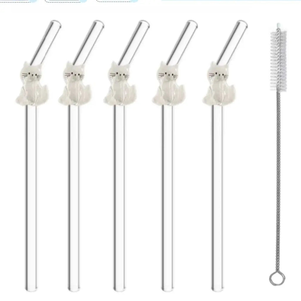 1/3/6PCS White Cat Curved Glass Straw