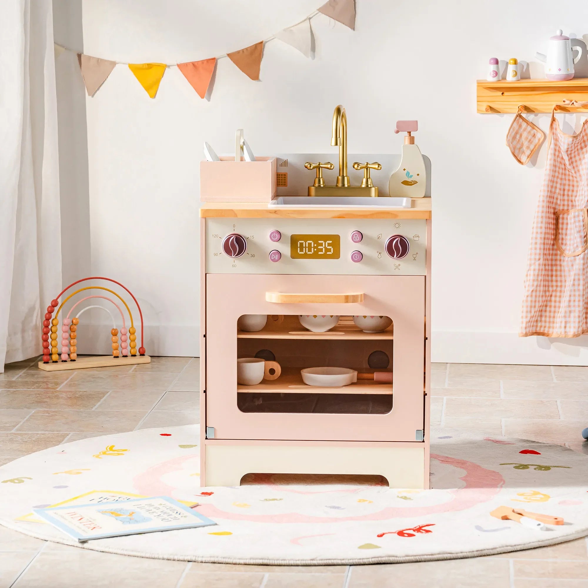Robotime Robud Kids Corner Kitchen Playset Wooden Play Kitchen Set with Realistic Sound Pretend Play Gift for Boys Girls Pink