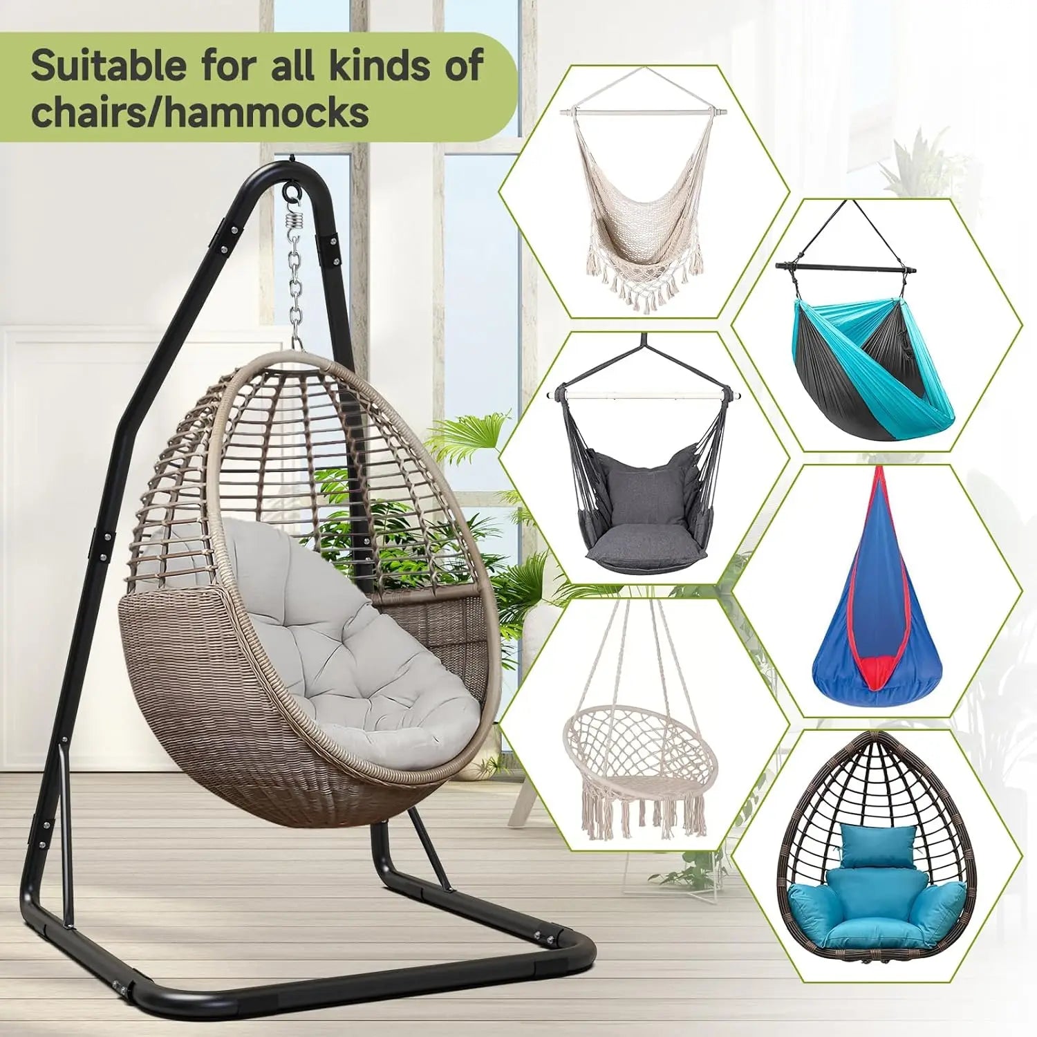 Heavy Duty Steel Hammock Chair Stand with 360 Hook, Supports 330lbs for Indoor Outdoor Use