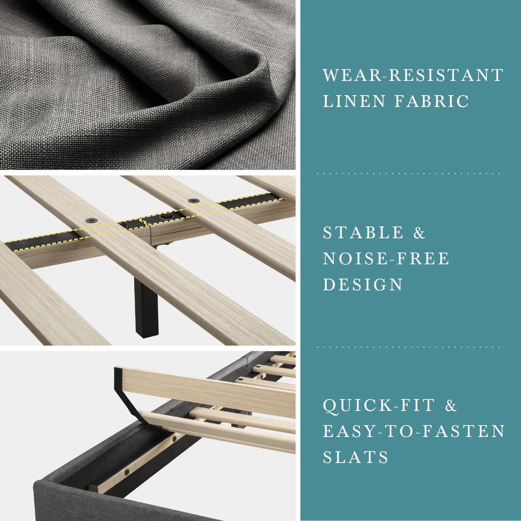 HOOMIC Full/Queen/King Upholstered Bed Frame with Adjustable Linen Headboard, Sturdy Wood Slats & Quiet Support