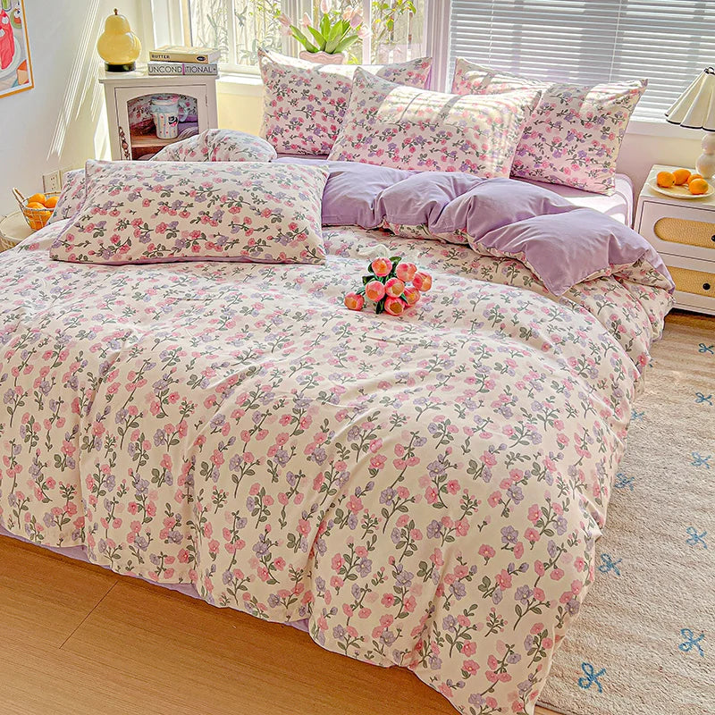 American Pastoral Floral Printed Bedding Set Soft Skin-Friendly Double King Size Duvet Cover Set with Flat Sheet and Pillowcases