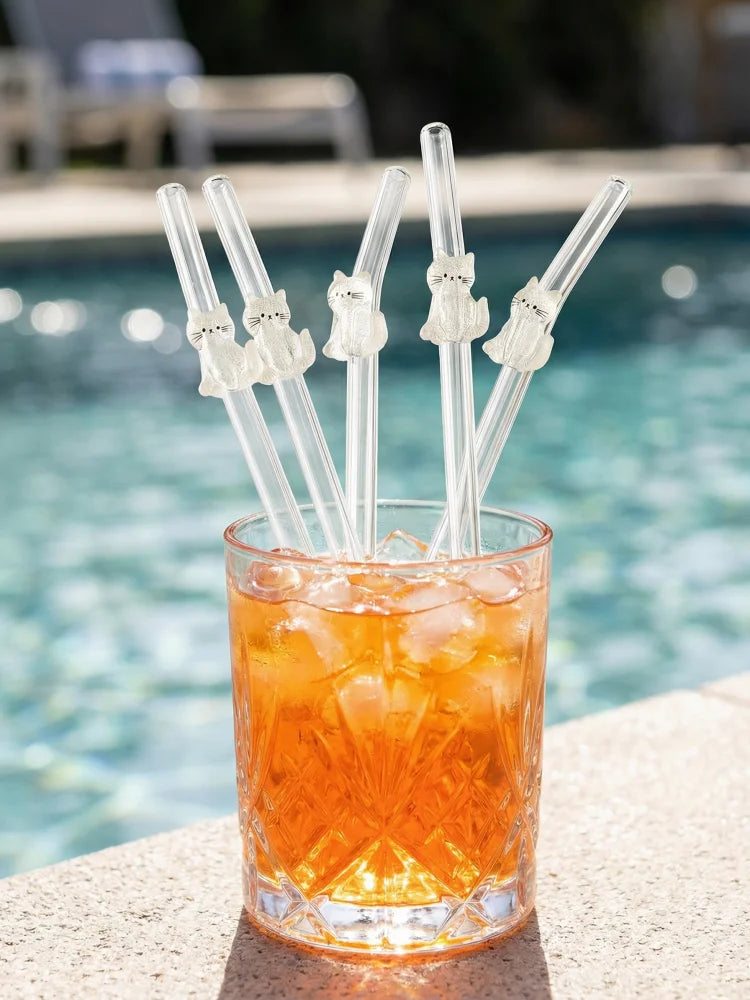 1/3/6PCS White Cat Curved Glass Straw