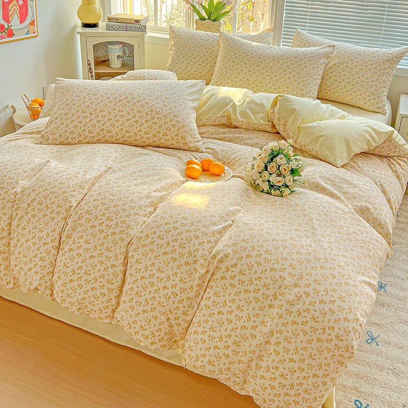 American Pastoral Floral Printed Bedding Set Soft Skin-Friendly Double King Size Duvet Cover Set with Flat Sheet and Pillowcases