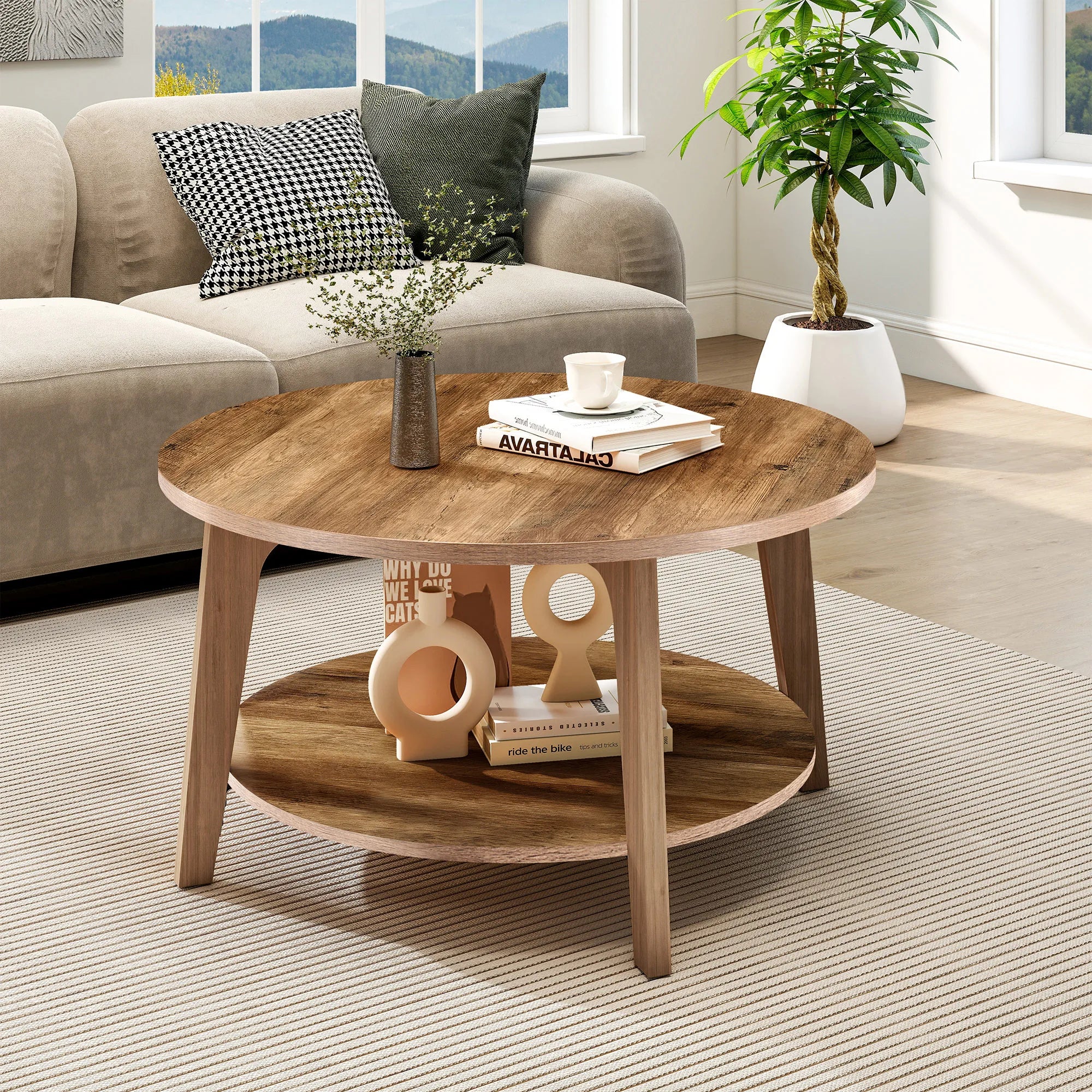 JHK 32IN Wood Round Coffee Table For Living Room 2-Tier Center Counter with Storage 50 lbs Capacity Anti-Slip Feet Modern Design