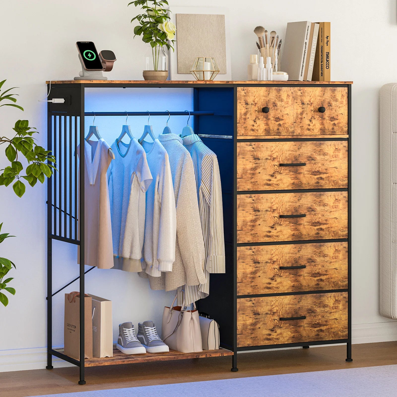 150cm Chest of Drawers, Reversible 6 Fabric Drawers Hanging Rack Dresser Closet w/LED Lights & Charging Station